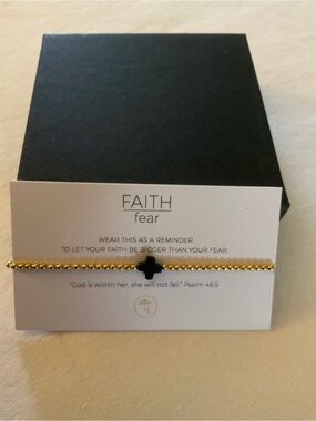 Faith Fear Gold Beaded Bracelet with Black Cross Charm